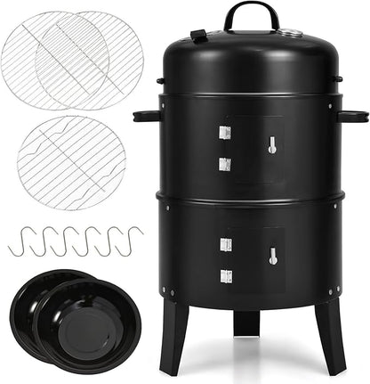 Giantex 3-in-1 Outdoor Smoker Grill, Portable Charcoal BBQ Grill, Built-in Thermometer and Air Vent, 6 Hooks, 2 Layers Vertical Steel Charcoal Smoker for Outdoor Cooking Camping