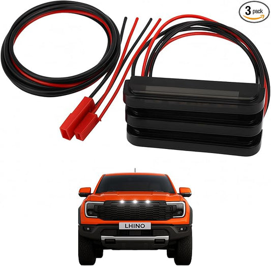 3pc White LED Front Grille Lights Compatible with 2022-2025 Ford Next-Gen Ranger Raptor Trucks, Smoked Lens, Seamlessly Integrates with AUX Switch (White, 3 LED)