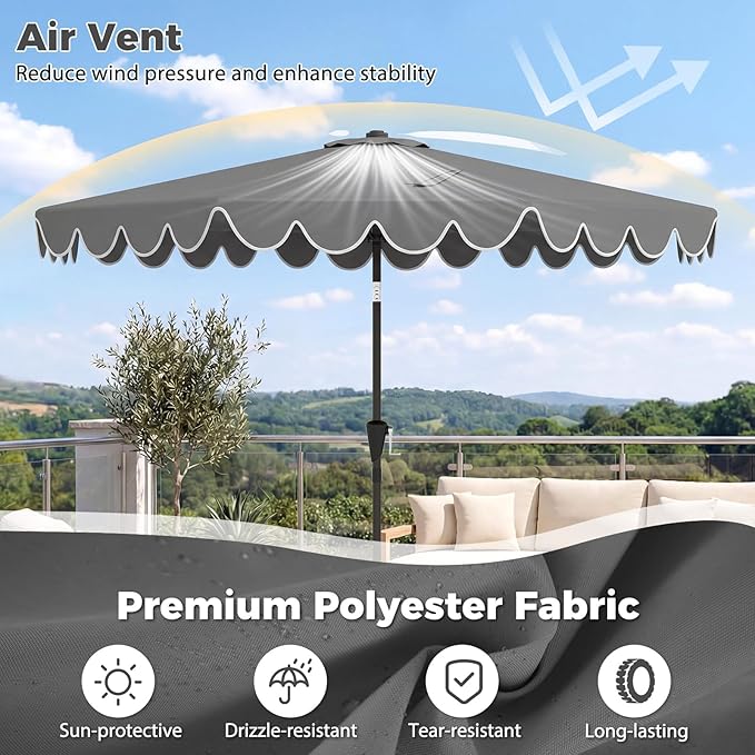 Tangkula 10 FT Patio Umbrella with Base Included, 2-Tiers Outdoor Scalloped Table Umbrella with 2 Sandbags, Tilt Adjustment, Crank, 8 Ribs for Market Backyard Pool Deck Beach Lawn