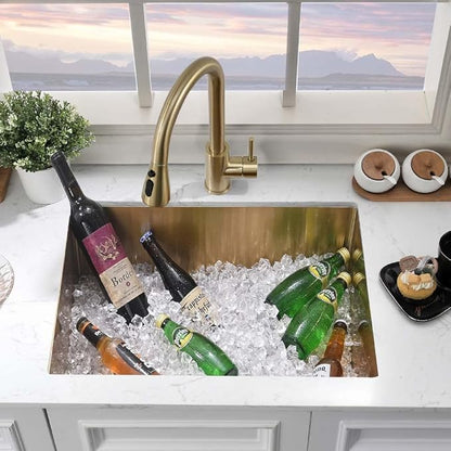 Gold Laundry Sink Undermount-Hovheir 24x19x12 Undermount Utility Sink 16 Gauge Brushed Gold Stainless Steel Single Bowl Deep Laundry Room Kitchen Sinks Outdoor Sinks with Bottom Grid