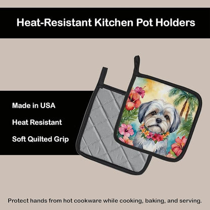 Caroline's Treasures Lhasa Apso Luau Pair of Pot Holders Kitchen Heat Resistant Pot Holders Sets Oven Hot Pads for Cooking Baking BBQ, 7 1/2 x 7 1/2