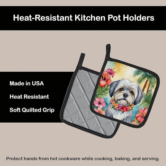 Caroline's Treasures Lhasa Apso Luau Pair of Pot Holders Kitchen Heat Resistant Pot Holders Sets Oven Hot Pads for Cooking Baking BBQ, 7 1/2 x 7 1/2