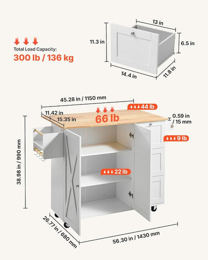VEVOR Kitchen Island Cart, 45.3x39 inch Rolling Kitchen Table, Mobile Carts with Storage Cabinet and Solid Wood Top, Portable Islands with Wheels, Spice Rack, Towel Rack, Drop Leaf and Drawer, White