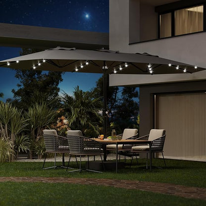 15FT Outdoor Patio Umbrella,Double-Sided Rectangle Market Umbrella with 36 LED Solar Lights & Base,UV50+ Weather-Resistant Oversized Outdoor Umbrella,Crank Lift,3-Way Shade for Pool,Garden,Backyard