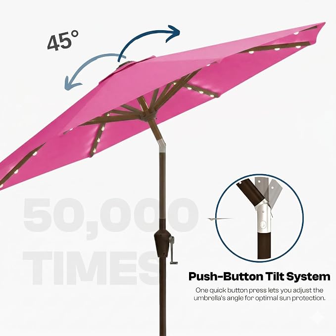 10FT Solar Lighted Patio Umbrella, Outdoor Table Market Umbrellas with Push Button Tilt and Crank, 32 LED Lights, 8 Sturdy Ribs, UV-Resistant for Deck, Garden, Pool