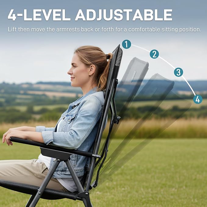 EVER ADVANCED Teslin Reclining Camping Chairs for Adult Lightweight, Portable Compact Folding Chair with Adjustable Back, 4-Level Recliner Chairs, Lawn Chair for Patio Balcony, Supports 300lbs, Black