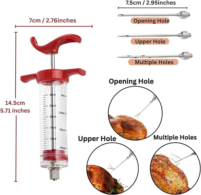 Meat Injector Syringe - 3 Marinade Injector Needles for BBQ Grill, Plastic Meat Injector Kit with 1oz Large Capacity, Ideal for Injecting Marinade into Turkey and Burger