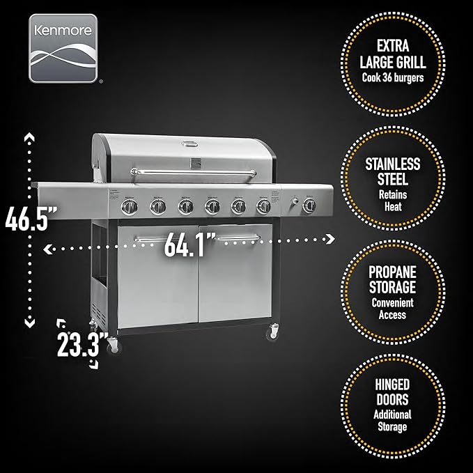 Kenmore 6-Burner Propane Gas BBQ Grill with Side Burner, 73,000 BTUs, Stainless Steel Cabinet Grill with Cast Iron Grates for Outdoor Cooking, Backyard BBQ, Patio, Large Parties