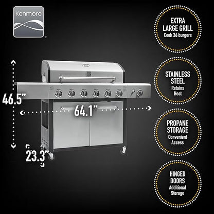 Kenmore 6-Burner Propane Gas BBQ Grill with Side Burner, 73,000 BTUs, Stainless Steel Cabinet Grill with Cast Iron Grates for Outdoor Cooking, Backyard BBQ, Patio, Large Parties