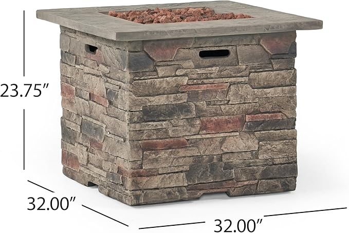 32'' Propane Fire Pit Table Hidden Tank Inside, 40,000 BTU Square Outdoor Gas Firepit with Auto-Ignition, Waterproof Cover for Patio Deck, Stone Gray