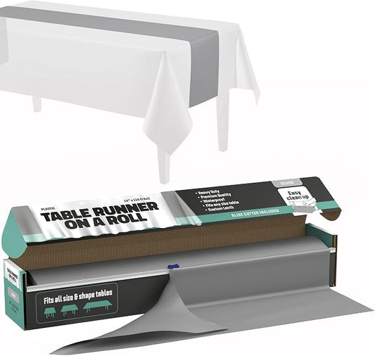 Silver Table Runner – 14" X 110' Premium Plastic Longtable Runners with Cutter Box - Cut to Size - Decorative Rectangle Table Runners - Smooth Table Cloth - Disposable Table Cloths, Parties, Weddings.