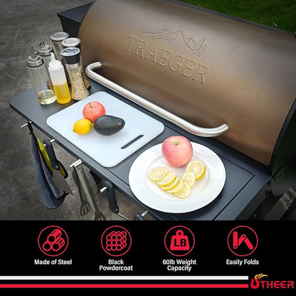 Utheer Upgraded Folding Front Shelf for Traeger Pro 34 Series, Century 885, Texas Elite 34, 37"x12" Heavy-Duty BBQ Prep Table with Cutting Board, Basin, 5 Hooks, 60-LB Load Steel Folding Grill Shelf