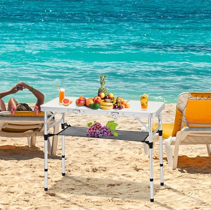 YihuiKo 3ft Aluminum Folding Picnic Table - Lightweight & Portable Outdoor Table with Adjustable Height, Storage Net for Camping, Backyard, RV Trips | 35" x 16", Adjustable Heights Max 27.5", Outdoor Table for Camping/RV/Trip, Carrying Handle, Aluminum...