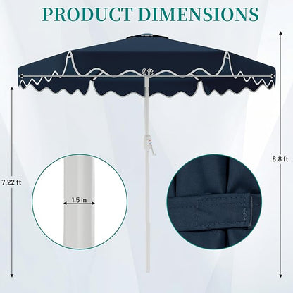 AreShark 9FT Outdoor Patio Umbrella with Wavy Trim (Navy) | Market Table Umbrellas w/ 6 Sturdy Ribs, Crank & Tilt, White Pole, Pool Umbrella with UV-Fade Resistant Fabric, Heavy Frame