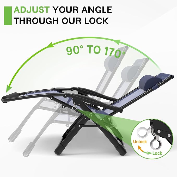 29In XL Zero Gravity Chair, 440LBS with Cushion | Anti Gravity Recliner Lounge Chair with Aluminum Alloy Lock & Footrest, 90-170° Adjustable, for Lawn Patio Indoor Outdoor
