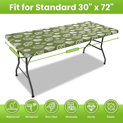 Smiry Spandex Fitted Tablecloth for 6 Foot Rectangle Tables, Washable Picnic Table Cover with Elastic, Stretch Reusable Table Cloth for Outdoor, Camping, Dining & Kitchen (Line Leaf, 30"x72")