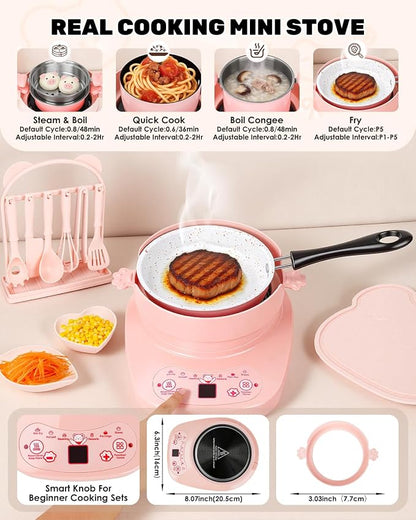 Mini Real Cooking Set for Teens ，42 PCS Electric Hot Plate Kit (Pink) | with Pot, Frying Pan, Steamer, Apron, Utensils and Accessories for Supervised Food Making