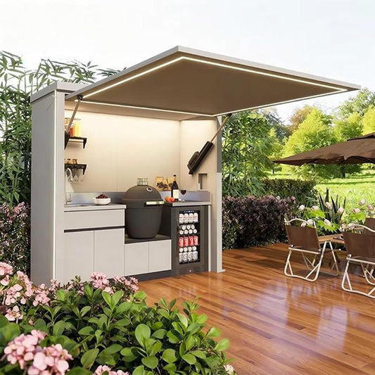 Modern Outdoor Kitchen with Automatic Hydraulic Canopy - Integrated LED Lighting - Premium Prefab BBQ Island with Custom Specs