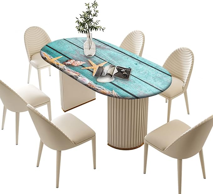 Wood Grain Fitted Tablecloth Oval, Ocean Mesh Starfish with Shells Elastic Edge Table Cover, Polyester Table Cloths for Indoor Outdoor Party Dinner Patio Decor, Fits Tables Up to 60 x84 in, Teal Blue
