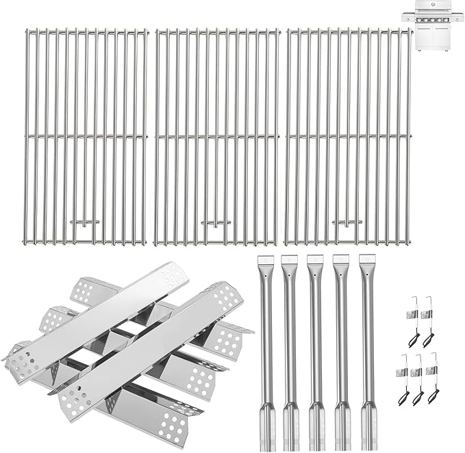 Replacement Kit for Kitchen Aid 720-0893 720-0893A 720-0893D 720-0893G, 7MM Stainless Steel Cooking Grates, Burners and Heat Plates for Kitchenaid Grill Replacement Parts 5-Burner Gas Grill