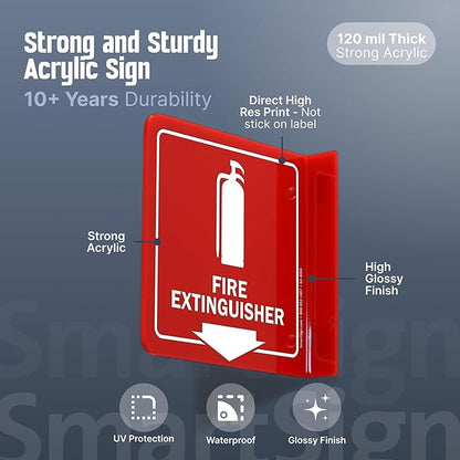 SmartSign (4-Pack) Fire Extinguisher Projecting Sign - 6" x 6", Two-Sided Wall Mount Polished Acrylic Hallway Sign with Down Arrow, White on Red