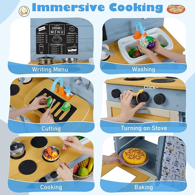 INFANS Mud Kitchen, Wood Pretend Play Kitchen with Running Water Removable Sand Sink Cover Cloth Faucet Chalkboard Stoves Toddle