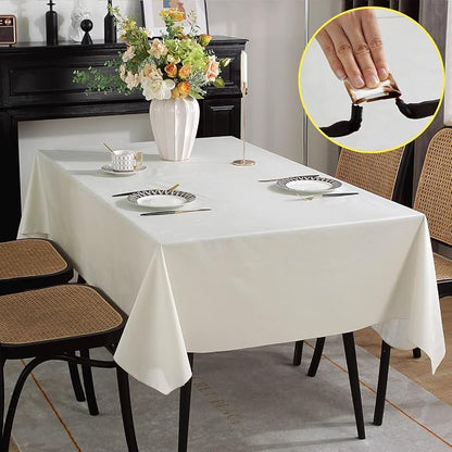 SASTYBALE Off White Vinyl Tablecloth with Flannel Backing, 60 x 102 Inch | Waterproof PVC Surface, Wipeable Rectangular Table Cover for Kitchen, Dining, Brunches, Weddings and Gatherings