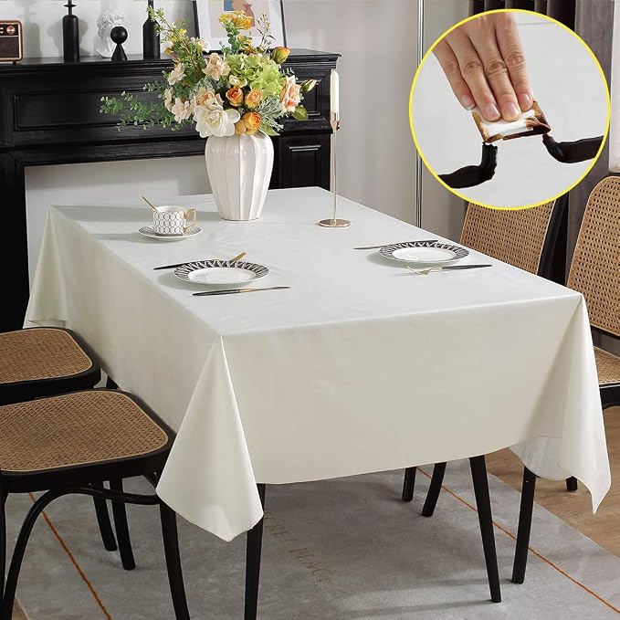 SASTYBALE Off White Vinyl Tablecloth with Flannel Backing, 52 x 70 Inch | Waterproof PVC Surface, Wipeable Rectangular Table Cover for Kitchen, Dining, Brunches, Weddings and Gatherings