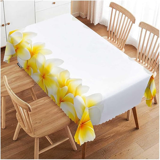 Swono White Flowers Tablecloth Tropical Blossom Plumeria Flowers Rectangle Table Cloth Washable Plaid Table Cover for Kitchen Holiday Dinner, 52x 70 Inch Tablecloth