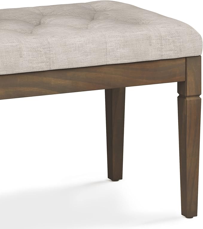 SIMPLIHOME Dahlia 18" x 46" Solid Wood Outdoor Indoor Bench in Grey | Natural linen look, traditional tufted ottoman bench with carved legs; ideal bedroom or living room footstool or footrest.