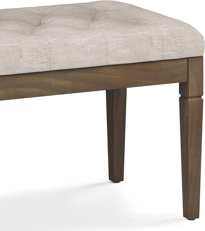 SIMPLIHOME Dahlia 18" x 46" Solid Wood Outdoor Indoor Bench in Grey | Natural linen look, traditional tufted ottoman bench with carved legs; ideal bedroom or living room footstool or footrest.