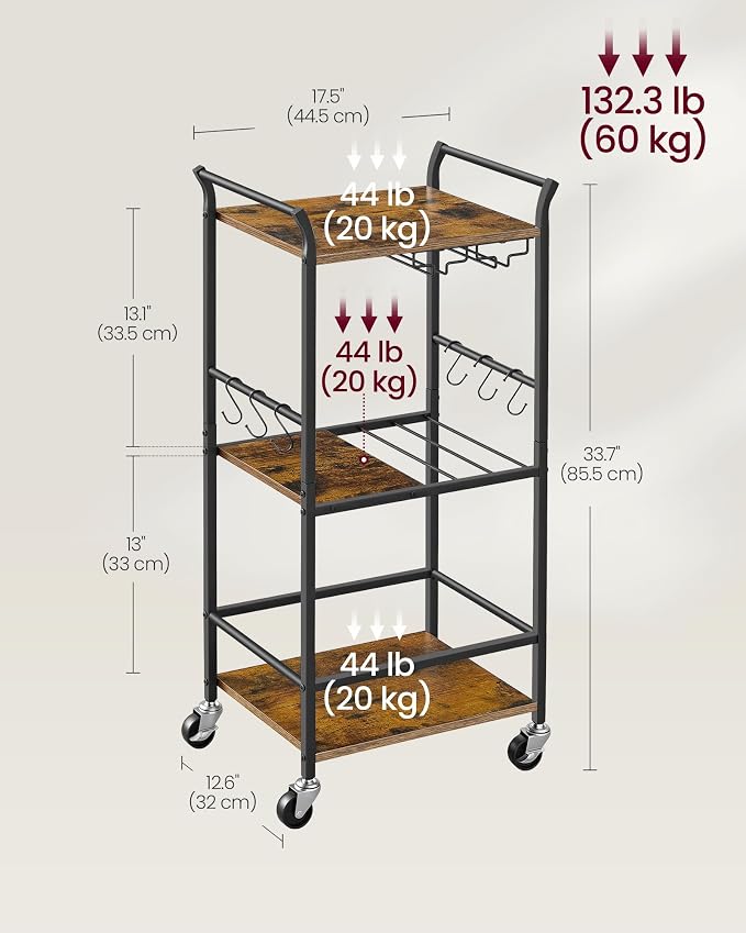 VASAGLE 3-Tier Bar Cart, Steel Serving Cart on Wheels with Wine Rack and Glass Holder, 17.5 x 12.6 x 33.7 Inches, Rustic Brown, for Kitchen and Living Room, Barnet Collection ULRC190K101