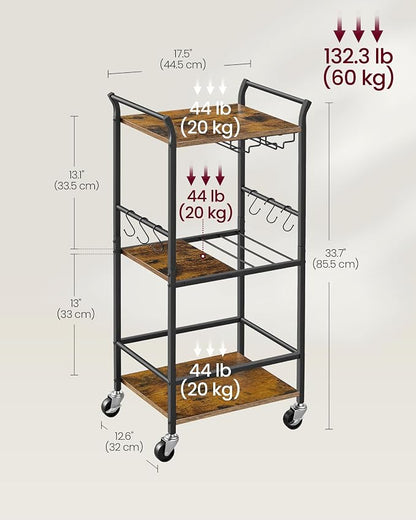 VASAGLE 3-Tier Bar Cart, Steel Serving Cart on Wheels with Wine Rack and Glass Holder, 17.5 x 12.6 x 33.7 Inches, Rustic Brown, for Kitchen and Living Room, Barnet Collection ULRC190K101