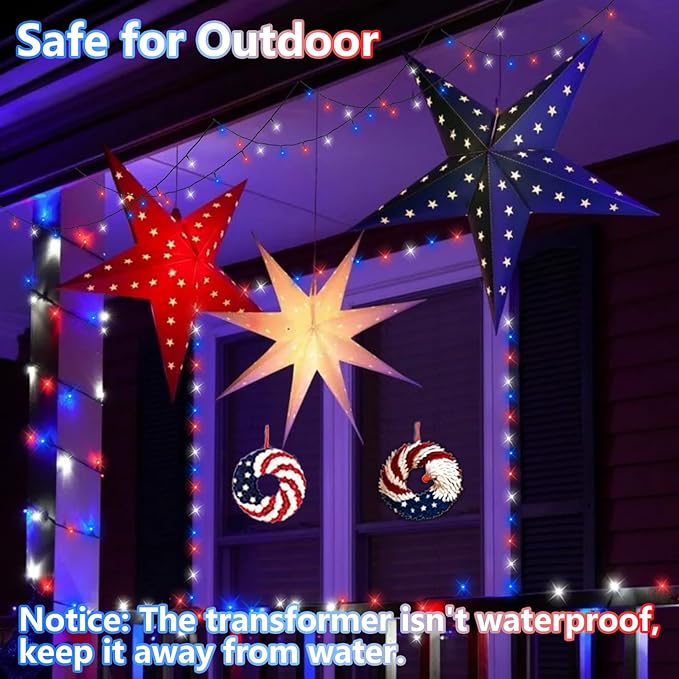 YEGUO Red White and Blue String Lights, 66ft 200 LED 4th of July Lights Outdoor Waterproof, 8 Modes Green Wire Patriotic Lights Plug in for Indoor Independence Memorial Day