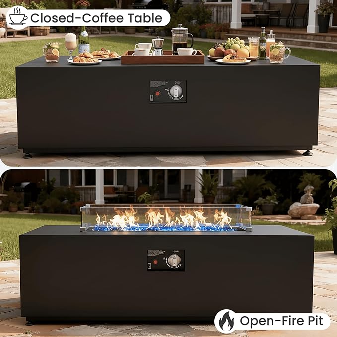 42" Propane Fire Pit Table Set with Tank Holder, Rectangle 2-Piece Outdoor Firepit Wind Guard, Lid, Glass Stones and Cover