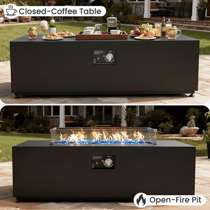 42" Propane Fire Pit Table Set with Tank Holder, Rectangle 2-Piece Outdoor Firepit Wind Guard, Lid, Glass Stones and Cover