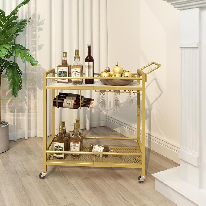 LAATOOREE Bar Cart, Two-Color Home Bar Serving Cart, Mobile Drink Beverage Cart with 2 Storage Shelves, Rolling Kitchen Cart with Wine Holder and Glass Holder, for Dinning Room, Living Room, Kitchen