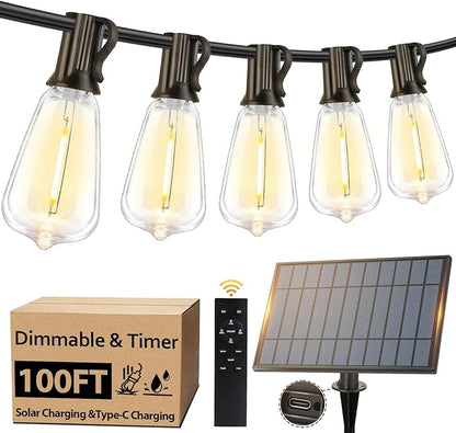 100FT Solar String Lights Outdoor Waterproof with 52 LED Edison Bulbs | Patio Lights with Remote, Timer, Solar Powered Outside Dimmable ST38 Hanging Lights for Porch Backyard Garden Camping Party