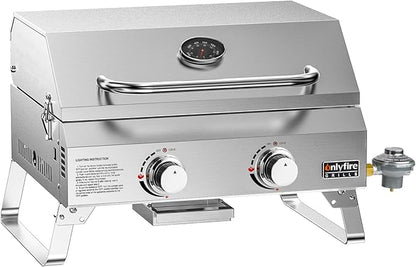 ONLYFIRE GRILLS Tabletop Gas Grill 2 Burners, 20" Portable Propane Grill with Foldable Legs for Outdoor Patio Backyard Camping Tailgating RV Trip Beach, Stainless Steel Gas Stove 16000BTU, GS322