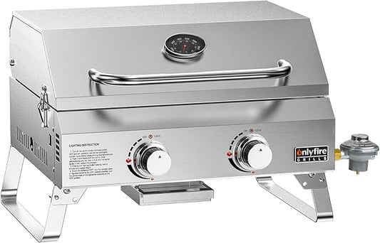 ONLYFIRE GRILLS Tabletop Gas Grill 2 Burners, 20" Portable Propane Grill with Foldable Legs for Outdoor Patio Backyard Camping Tailgating RV Trip Beach, Stainless Steel Gas Stove 16000BTU, GS322