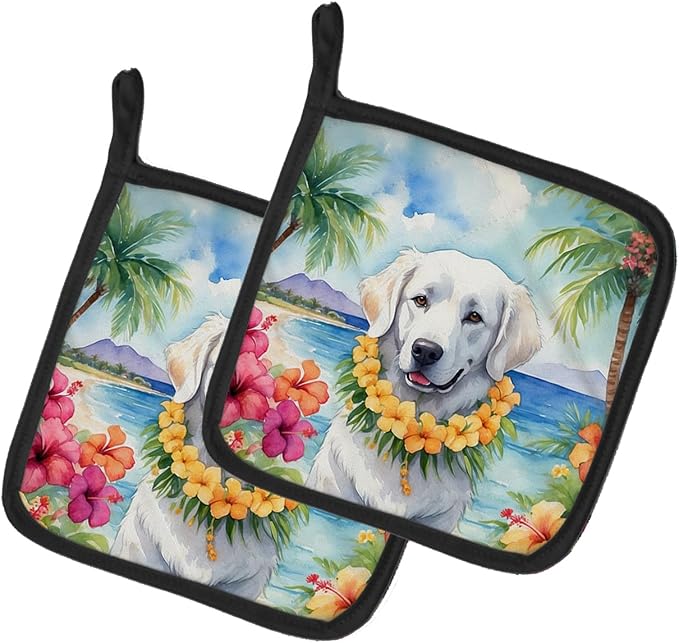 Caroline's Treasures Kuvasz Luau Pair of Pot Holders Kitchen Heat Resistant Pot Holders Sets Oven Hot Pads for Cooking Baking BBQ, 7 1/2 x 7 1/2