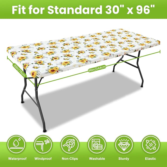 Smiry Spandex Fitted Tablecloth for 8 Foot Rectangle Tables, Washable Picnic Table Cover with Elastic, Stretch Reusable Table Cloth for Outdoor, Camping, Dining & Kitchen (Sunflower, 30"x96")