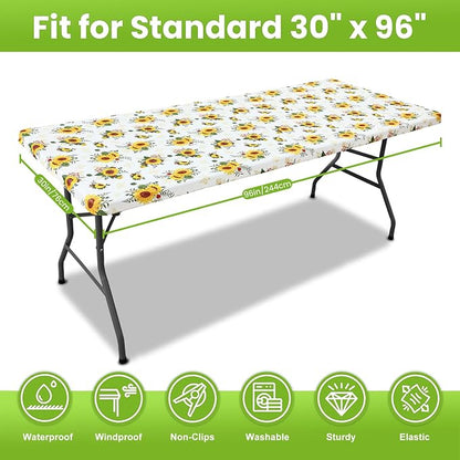 Smiry Spandex Fitted Tablecloth for 8 Foot Rectangle Tables, Washable Picnic Table Cover with Elastic, Stretch Reusable Table Cloth for Outdoor, Camping, Dining & Kitchen (Sunflower, 30"x96")