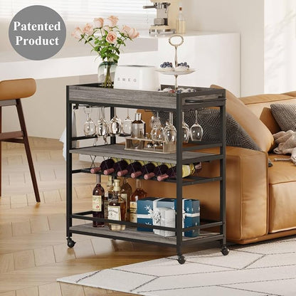 Bar Cart, Home Bar Serving Cart on Wheels, Mobile 3 Tier Liquor Beverage Carts with Wine Rack and Glass Holder (Grey Oak)