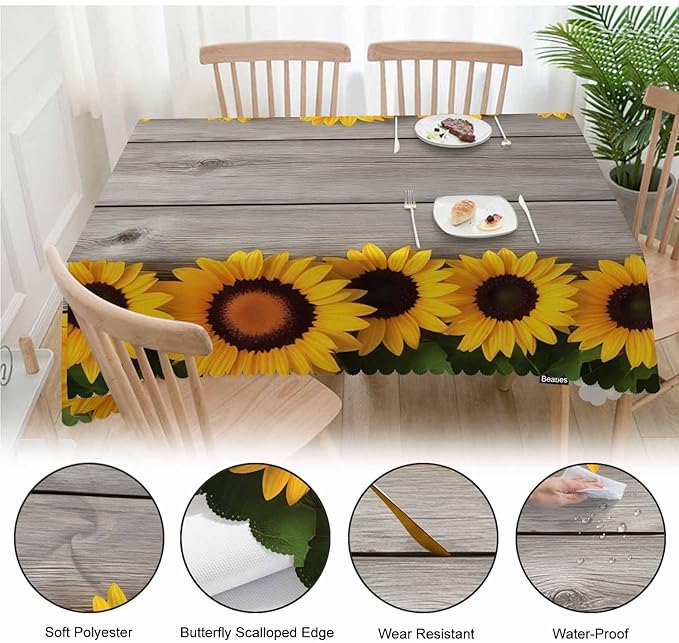 Sunflowers Decorative Tablecloth, Retro Wooden Board Sunflowers Kitchen Table Cover Oblong 52"X70" Tablecloths Dining Table Cloth Buffet Parties Patio and Camping Yellow