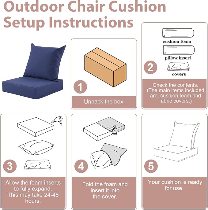 Outdoor Deep Seat Cushion Set, 24x24 Inch, Navy Blue, Set of 1 | Water-Resistant, Fade-Resistant, Removable Cover, For Patio Chair & Sofa&Furniture