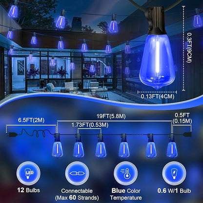 LAMPHOME 26Ft ST38 Outdoor String Lights, Blue Patio Lights with 12+1 ST38 Edison Bulbs, LED Shatterproof String Lights for Outside Bistro Christmas Patio Party Decorations