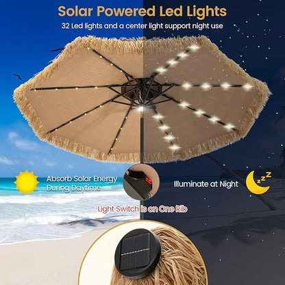 Tangkula 9 ft Thatched Patio Umbrella, 2 Tier Hawaiian Style Grass Beach Umbrella with 32 Led Lights, Center Light, Solar Tiki Umbrella with 8 Ribs, Tilt Adjustment, Manual Crank for Backyard Pool