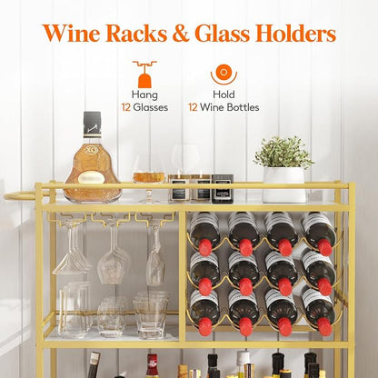 Lifewit 3 Tier Rolling Serving Bar Cart with Lockable Wheels, Gold | 12 wine rack and 3 rows glass holders, liquor serving cart for living room, 31.6 x 13.1 x 33.9 inch rolling beverage stand