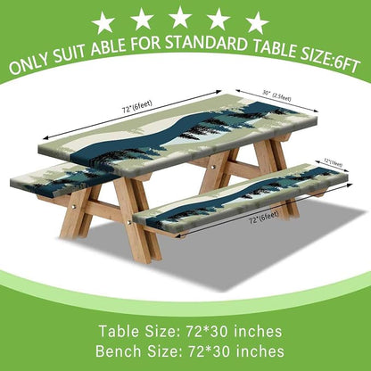JAWO Picnic Table Cover with Bench Covers, Mountain Forest Camping RV Essentials Gear Supplies Outdoor Waterproof Windproof Tablecloth with Elastic, 72in, Green Blue